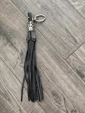 Key Chain Black Embossed Leather Braided Tasseled Silver-Tone Metal Turtle Charm